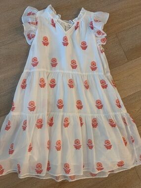 Girls' White Dress with Coral Floral Print - Casual Tiered Dress